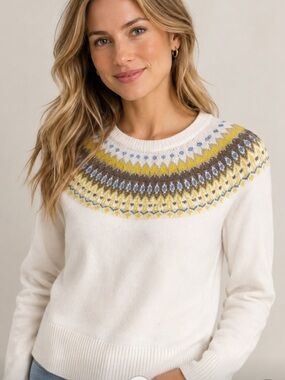 LOFT Fair Isle Sweater Womens M White Yellow Blue Cozy Knit Crewneck